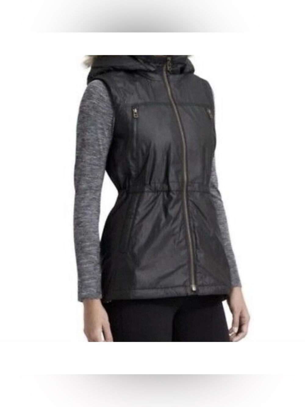 Athleta Alpine Air Vest Black Quilted Hooded Vest - Sleeveless Jacket size Large